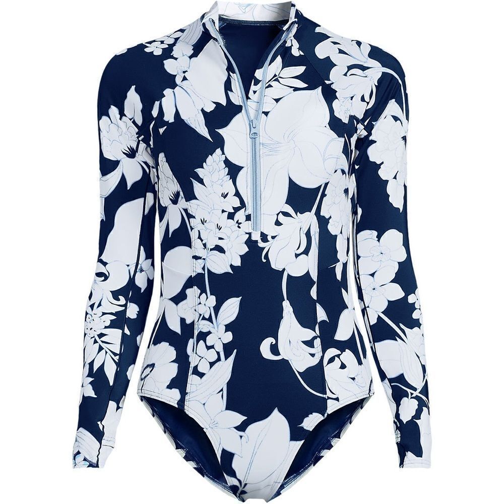 Land's End Plus Standard long sleeve zip one piece swim sea navy white Lily Var